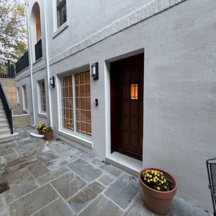 Looking north from the courtyard to the exterior stairs.